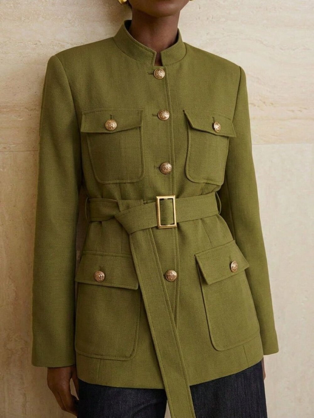Green Casual Women's Stand Collar Tweed Belt Utility Jacket
